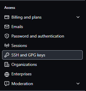 Print do menu lateral esquedo mostrando o botão "SSH and GPG keys"